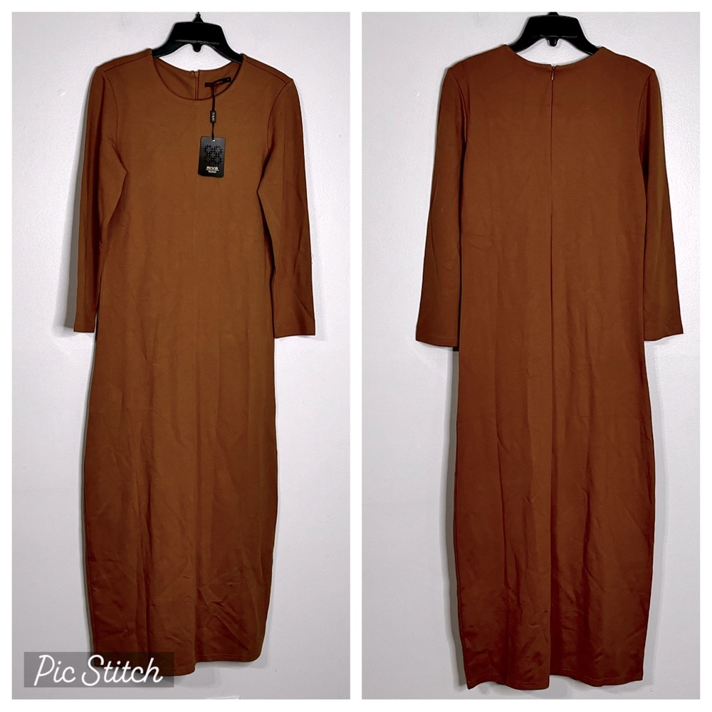 Riva Woman Basic Jersey Dress Round Neckline Long Sleeves Maxi Length Size L